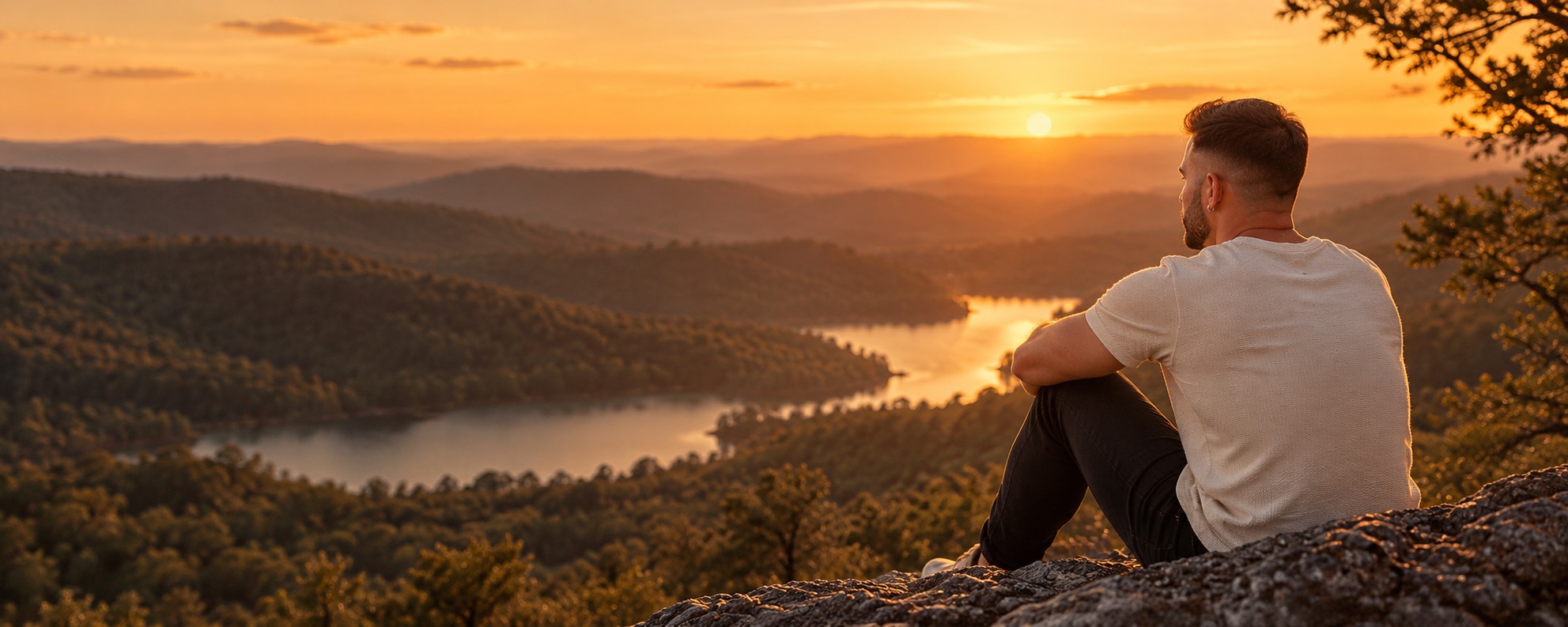 A rendition of Nathanael seated on a rocky overlook, looking over a valley at sunset.