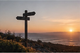 A signpost above a coastal landscape at sunset.